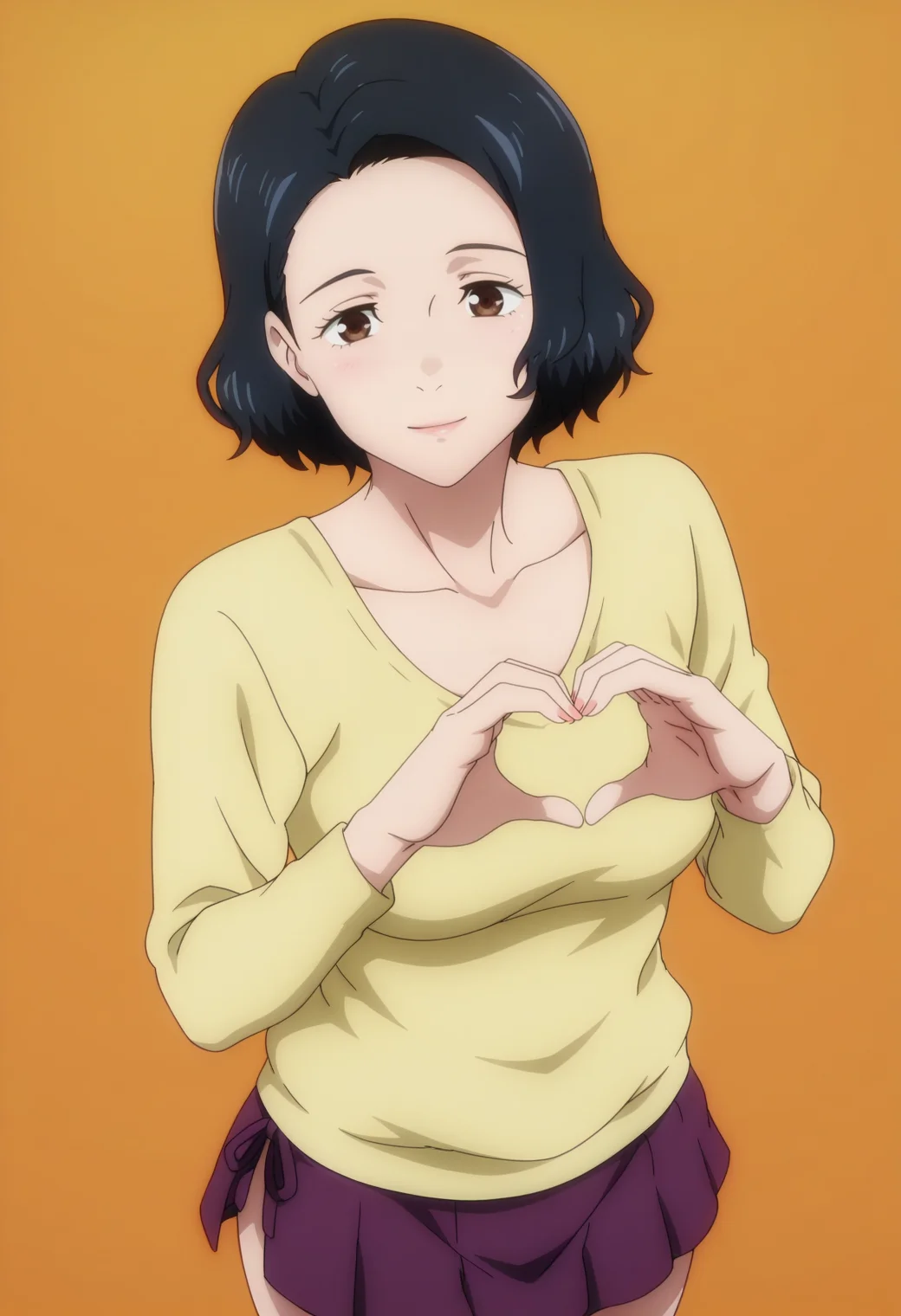 masterpiece, best quality, amazing quality, anime coloring, anime screencap, 1girl, solo, <lora:DX888Nagi:1>, yoshino nagi,black hair, bob cut, mature female, brown eyes, , BREAK , micro skirt, lowleg skirt, side-tie skirt, purple skirt, sweater vest, yellow sweater, scoop neck, wet sweater, light smile, (simple background:1.2), orange background pastel background, from above, heart hands,