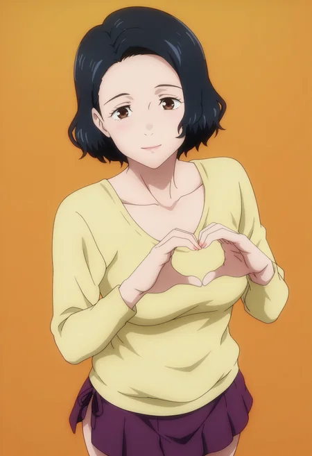 masterpiece, best quality, amazing quality, anime coloring, anime screencap, 1girl, solo, <lora:DX888Nagi:1>, yoshino nagi,black hair, bob cut, mature female, brown eyes, , BREAK , micro skirt, lowleg skirt, side-tie skirt, purple skirt, sweater vest, yellow sweater, scoop neck, wet sweater, light smile, (simple background:1.2), orange background pastel background, from above, heart hands,