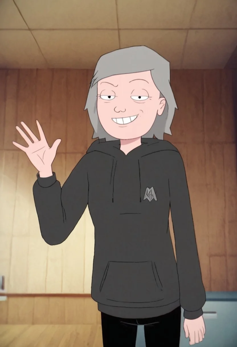 leslie_hoodie, 1girl, gilf, wrinkles, short grey hair, small black eyes, brown sweater, black pants, black ballerina, hood off, score_9_up, score_8_up, score_7_up, looking at viewer, smiling, smug, waving at viewer, female focus, ultra detailed, detailed background, office, masterpiece, best quality, 8k, Expressiveh,
