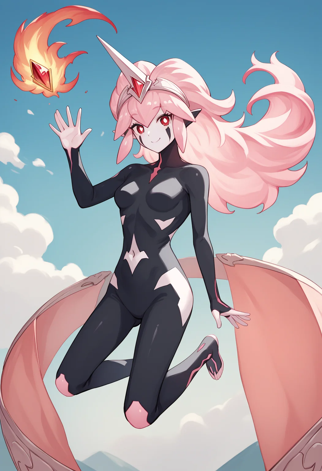 score_9, score_8_up, score_7_up, source_anime, rating_explicit,
BREAK
1girl, solo,
<lora:shiCenturonTruedaV1:1.0>, shitrudeadef, long hair, red eyes, pink hair,
pointy ears, black bodysuit, navel, colored skin, medium breasts, bright pupils, duel monster,
looking at viewer, smile, waving, floating,
outdoors, blue sky,