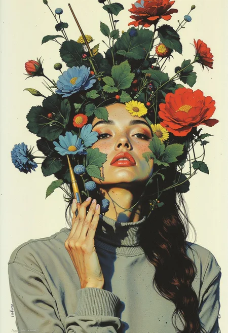 This image is a highly aesthetic digital artwork featuring a woman with fair skin and long, dark hair. She is depicted with an intense, focused expression, holding a paintbrush in her right hand. Her attire consists of a light gray sweater. The background is a light, almost white, color, providing a stark contrast to the vibrant colors of the artwork. The woman's face is partially obscured by an array of colorful, abstract flowers and leaves, creating a surreal, almost dream-like effect. The flowers are predominantly red, blue, and green, with some yellow and purple accents. The leaves are a mix of various shades of green and blue, adding depth and texture to the scene. The paintbrush she holds is also partially covered by the floral elements. The overall style of the artwork is highly detailed and realistic, with a focus on the textures of the flowers and leaves, which are rendered with intricate brushstrokes and shading. The image has a modern, almost surrealistic feel, blending elements of fantasy and realism. The composition is dynamic, with the woman's head and shoulders occupying the central part of the image, surrounded by the vibrant, abstract floral elements.