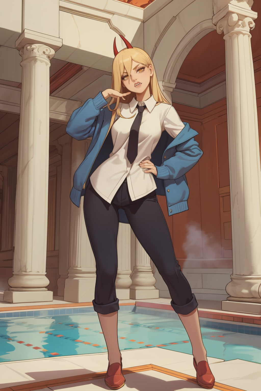 1girl, (solo:1.2), (looking at viewer:1.5), (interesting pose:1.2), (dynamic pose:1.2), (portait:1.3) <lora:Bartolomeobari [MockAi - v1.0]:1> bartolomeobari, expert shading, low contrast, clean lineart, (masterpiece:1.3), (best quality:1.3), (perfect anatomy:1.4), highly detailed, <lora:Power [justTNP - v1.0]:1> power \(csm\), sharp teeth, symbol-shaped pupils, cross-shaped pupils, blonde hair, yellow eyes, blue jacket, collared shirt, black necktie, black pants, (inside:1.4), (bathhouse:1.3), (marble pillars:1.2), (marble flooring:1.3), steam, pool