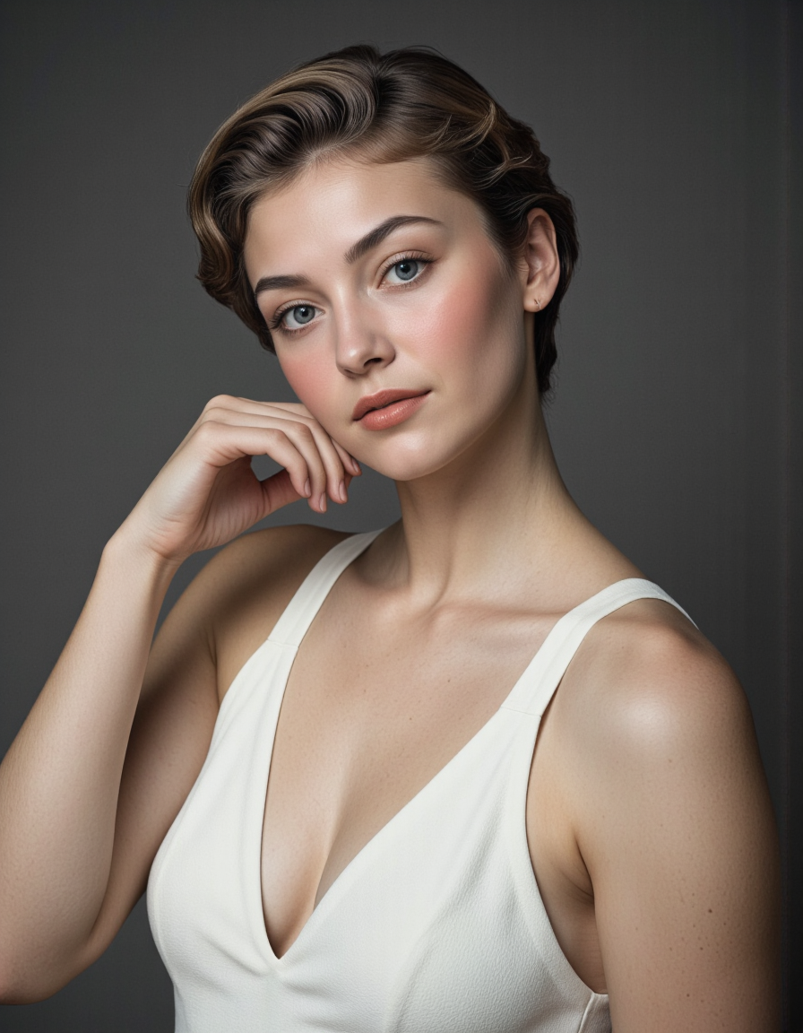 midshot,a beautiful, ultra-detailed portrait photo of a woman wearing a white dress, short hair,angle view, intricate light, perfect hand, hand, detailed hand