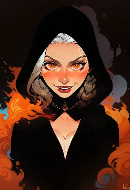 score_9, score_8_up, score_8, score_7_up, score_7, score_6_up, score_6, score_5_up, Score_5, rating_questionable, sexy girl, big boobs, cleavage , beautiful face, braided, crazy smile , evil , orange eye liner, sexy , hooded , burning cape , burning shoulders , fire mage , wearing black cloak , standing , intricate details