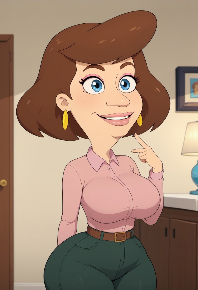 ((bedroom background)),score_9, score_8_up, score_7_up,score_6_up, 
1girl, Solo, Barbara_BM, light skin, light blue eyes, brown eyebrows, brown hair, short hair, pink lips, pink eyeshadow, pink long-sleeved polo shirt, brown belt, green pants, gold disc earrings, dark brown loafers, huge breasts, smile, narrow waist, huge hips,huge thighs, huge ass, big eyes, perfect lips, perfect smile, cowboyshot, perfect eyes