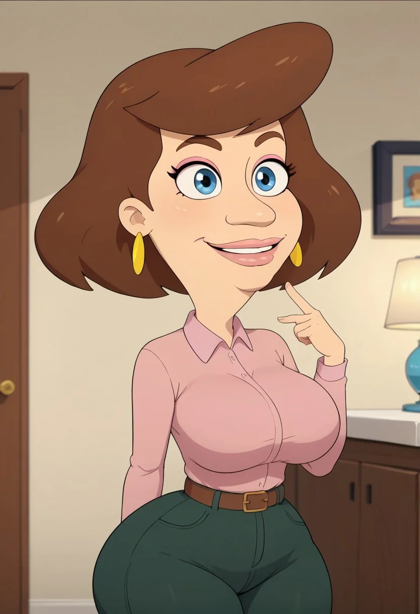 ((bedroom background)),score_9, score_8_up, score_7_up,score_6_up,
1girl, Solo, Barbara_BM, light skin, light blue eyes, brown eyebrows, brown hair, short hair, pink lips, pink eyeshadow, pink long-sleeved polo shirt, brown belt, green pants, gold disc earrings, dark brown loafers, huge breasts, smile, narrow waist, huge hips,huge thighs, huge ass, big eyes, perfect lips, perfect smile, cowboyshot, perfect eyes