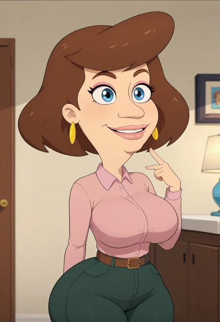 ((bedroom background)),score_9, score_8_up, score_7_up,score_6_up,
1girl, Solo, Barbara_BM, light skin, light blue eyes, brown eyebrows, brown hair, short hair, pink lips, pink eyeshadow, pink long-sleeved polo shirt, brown belt, green pants, gold disc earrings, dark brown loafers, huge breasts, smile, narrow waist, huge hips,huge thighs, huge ass, big eyes, perfect lips, perfect smile, cowboyshot, perfect eyes