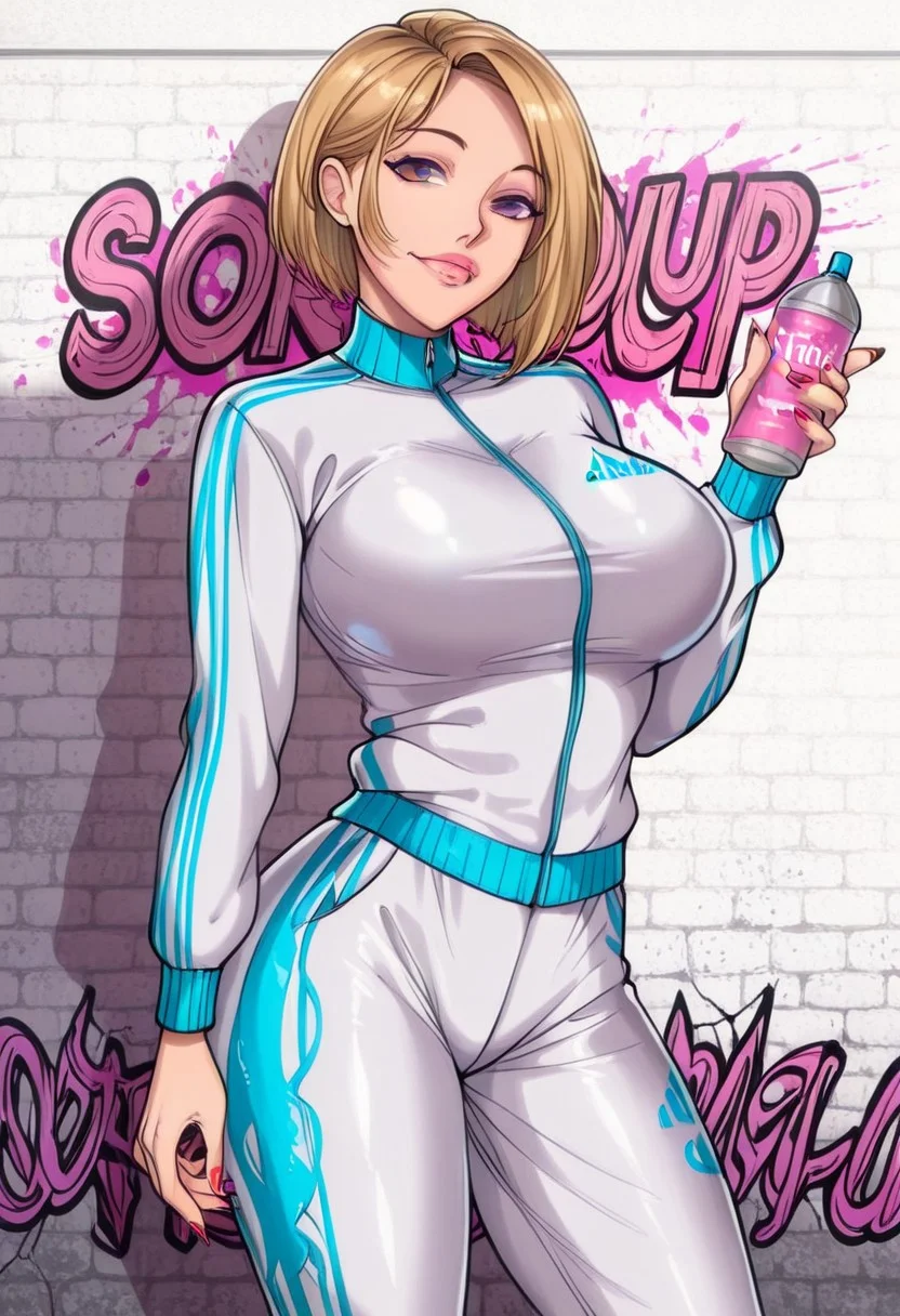 score_9, score_8_up,score_7_up, score_6_up, absurdres, masterpiece, perfect face, BREAK,
1girl, vaporware, shiny suit, shiny tracksuit, spray paint, wall graffiti, Adidas branding
intricate details, cinematic lighting, photorealistic, holographic, dramatic, photorealistic, realistic, ray tracing, crepuscular rays [32k, FXAA, CGI, post processing, full - HD, 8k]
