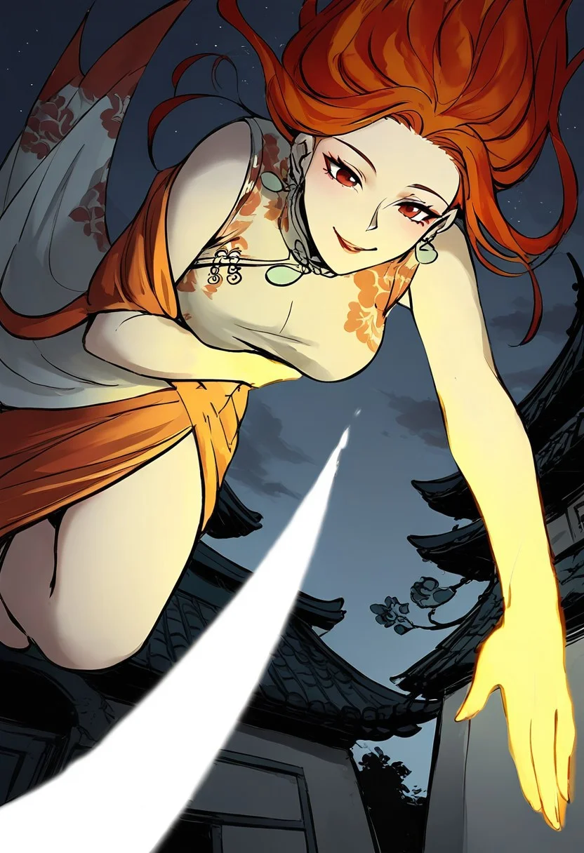 score_9, score_8_up, score_7_up,(very aesthetic:1.2),masterpiece ,high quality,detialed,best quality,perfect anatomy,beautiful detailed eyes
BREAK
from below,pov,full shot,wide shot,
BREAK
b1f4ngl0ng,red eyes,orange hair,floating hair,seductive smile
BREAK
hand on own arm,fire,yellow hand,looking down,step on, leg up ,showing panties,upskirt
BREAK
chinatown,night,