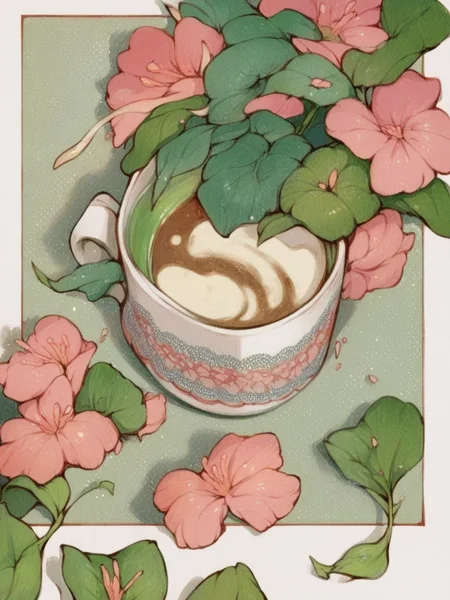 score_9, score_8_up, score_7_up, score_6_up,  <lora:p4n3lsXLP:1> p4n3ls, 1girl, coffee, flowers