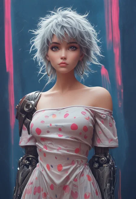 score_7_up, (score_9:1.1), 
BREAK,
(ugly:0.6),(pretty:1.2), 1woman, 26yo, realistic, realism, hyper realistic, reflective shiny silver hair, red iris,(glowing iris:0.8), neon white pupils, looking at viewer, hair in big pony tail, very long pony tail, (hair over eyes:0.6), detailed, perfect, perfection, hands, 
BREAK,
((glossy lips, shiny skin)), full lips, hands behind back, (upper body:1.9),  blocky shape cybernetics, metallic skin, raised eyebrow, cybernetic girl, pale skin, ((medium teardrop breasts)), (hoop earrings:1.2), (abs:0.6), focus upper body, 
BREAK,
semi-metallic outfit, oversized polka-dot-print shirt, off shoulders, spotted long skirt, 
BREAK,
(neon background, future slums, neon, cybernetic background, mist:1.3),(cybernetic mechanical arm, prosthesis:1.3)