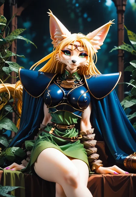 safe_pos, score_9, score_8_up, score_7_up, score_6_up, score_5_up, source_furry, straight-on, (eyeshadow:1.6), 1girl, (female furry:2), serval girl, tail, (paws:1.6), thin waist, (large breasts:1.5), deedlit (lodoss), shoulder armor, breastplate, green tunic, blue cape, gold choker, arm_wraps, belt, blonde hair, very long hair, green eyes