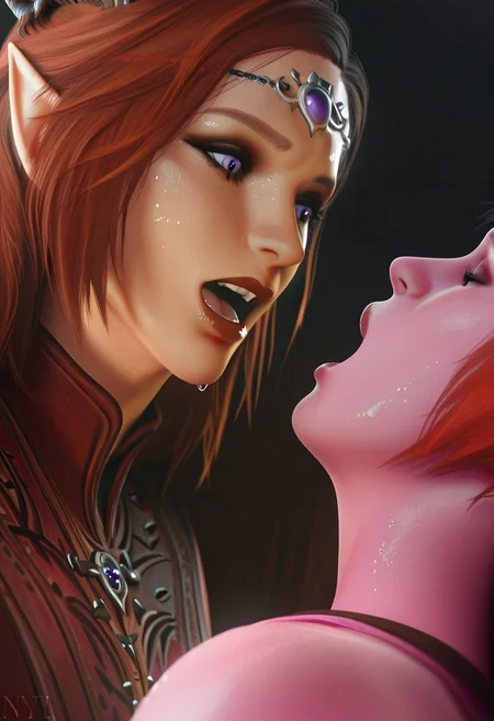 nyl style, masterpiece, best quality, very aesthetic, absurdres, open mouth, multiple girls, 2girls, 3d render, baldur's gate, sweat