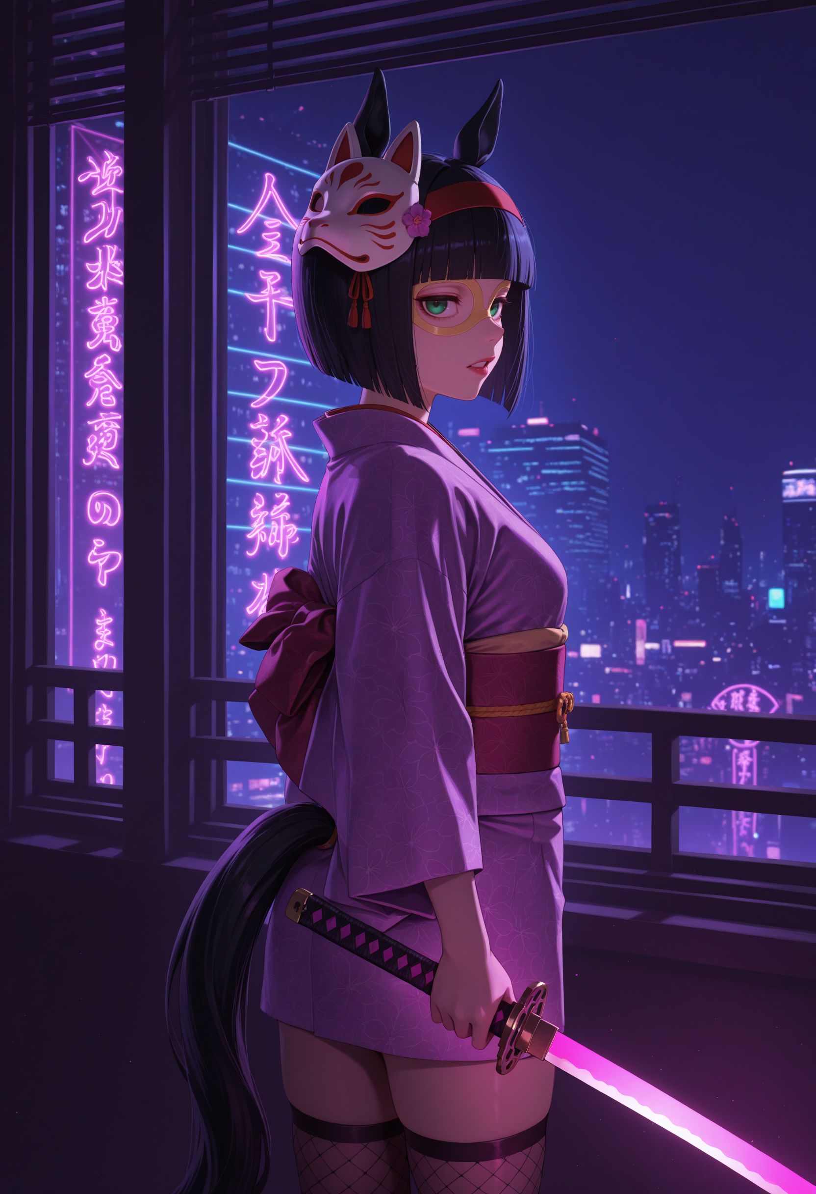 masterpiece, best quality, amazing quality, very awa,absurdres,newest,very aesthetic, looking at viewer,
 <lora:Mini the Lady noob:0.9> 1girl, girls, short hair, bob cut, blunt bangs, black hair, red hairband, animal ears, horse girl, horse tail, green eyes, teeth, ear ornament, yellow glasses, profile, 1girl, solo, short_hair, blunt_bangs, japanese_clothes, fox_mask, animal_mask, mask_on_head, hair_ornament, hair_flower, lipstick, makeup, holding_sword, katana, fishnets, thighhighs, blinds, looking_at_viewer, window_blind_shadow, cityscape, night, neon_lights, purple_theme, pink_theme, high_contrast, patterned_background, dramatic_lighting, moody, surreal, cyberpunk, traditional_clothes, kimono, urban)