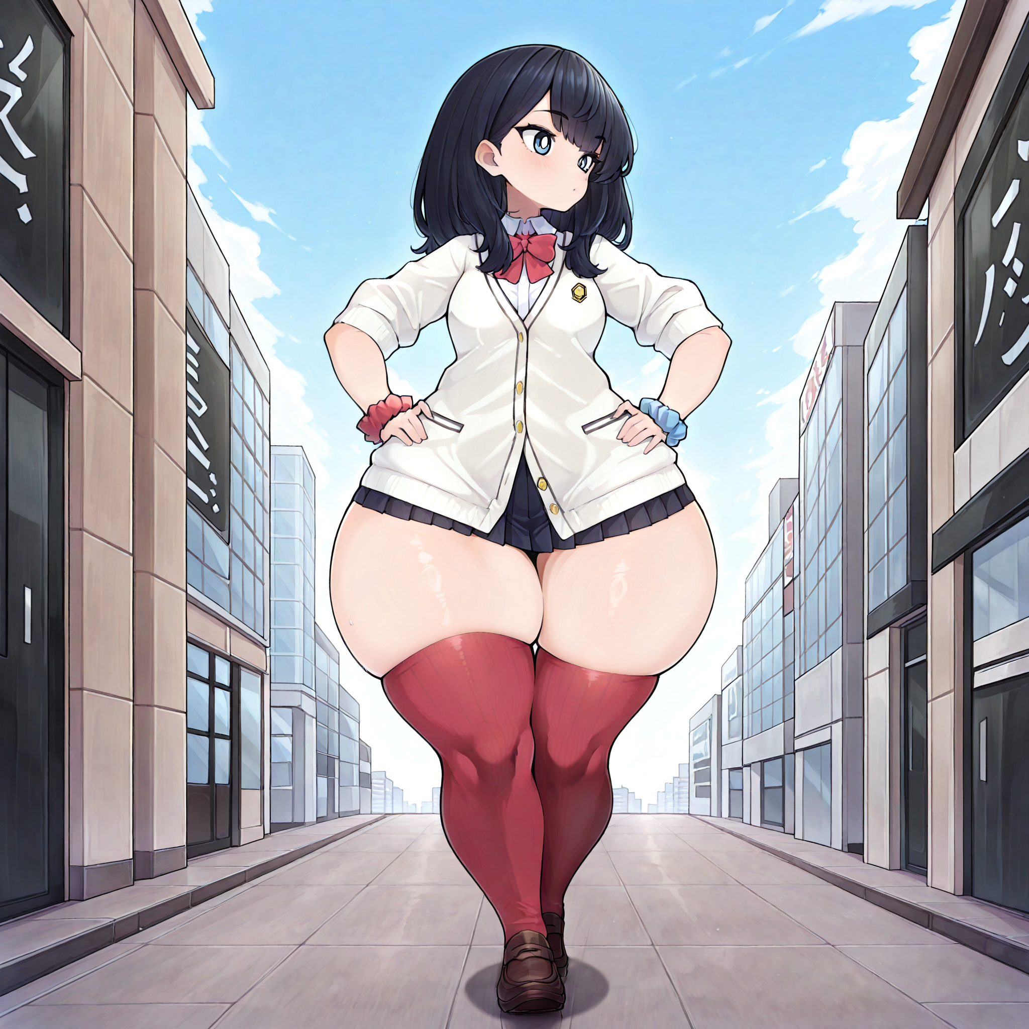 (masterpiece), best quality, (highly detailed), 1female, solo, <lora:490_style illustrious:0.8>, city, wide hips, thick thighs, plump,  <lora:AERikka:1>, AERikkaDef, blue eyes, black hair, long hair, red bowtie, white cardigan, wrist scrunchie, microskirt, pleated skirt, red sock, brown footwear, loafers, walking, hands on hips,