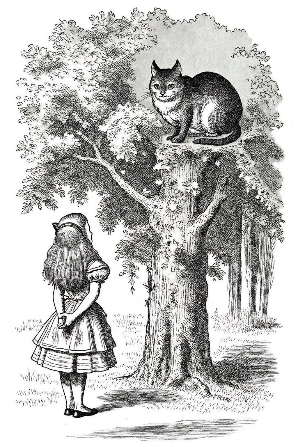 joten1 illustration.
Back view of Alice in Wonderland, looking up at Cheshire Cat sitting on top of a tall tree. <lora:joten1_cap_d6a3e12:1.0><lora:821757952747653794:0>