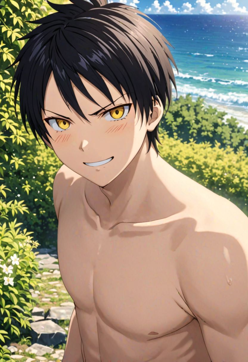 Sasuke Tsubaki, Yellow Eye,  masterpiece, best quality, (1boy), solo, male focus, High definition, Black hair, 4K, Angry, Smile, outdoors