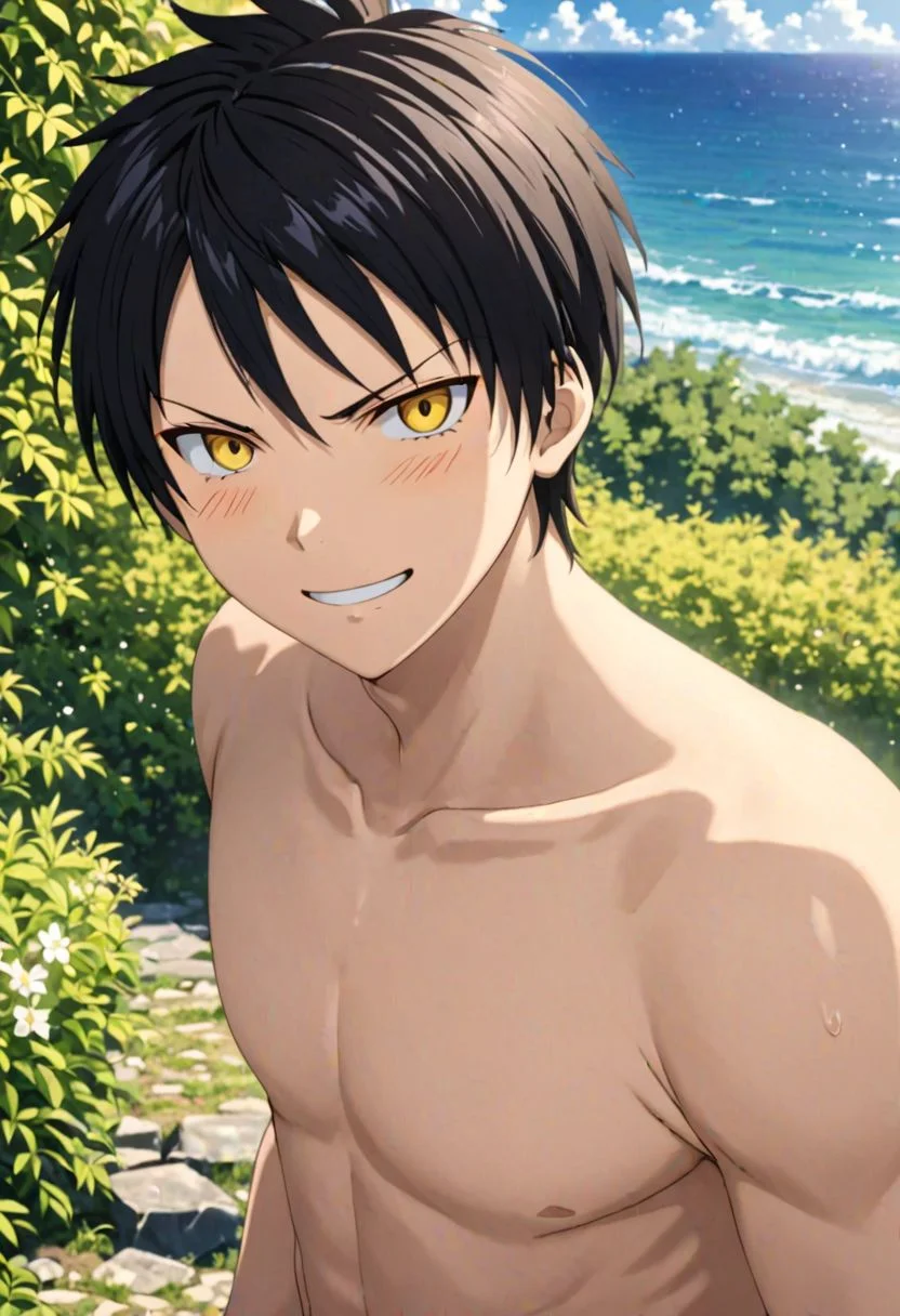 Sasuke Tsubaki, Yellow Eye, masterpiece, best quality, (1boy), solo, male focus, High definition, Black hair, 4K, Angry, Smile, outdoors