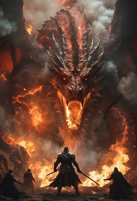 very dark focused flash photo, amazing quality, masterpiece, best quality, hyper detailed, ultra detailed textures, UHD, perfect anatomy, (Western DnD-style Red dragon:1.5), portrait, dof, hyper-realism, majestic, (four human heroes, 1Fighter, 1druid, 1ranger, 1wizard:1.5), (ultra realistic lighting:1.2), awesome, inspiring, Capture the thrilling showdown between the four heroes and the colossal dragon boss in an epic battle amidst swirling smoke and glowing embers floating in the air, Embrace the action and chaos as these formidable forces clash on the blackened wasteland, cinematic composition, soft shadows, national geographic style, humans are spread out
