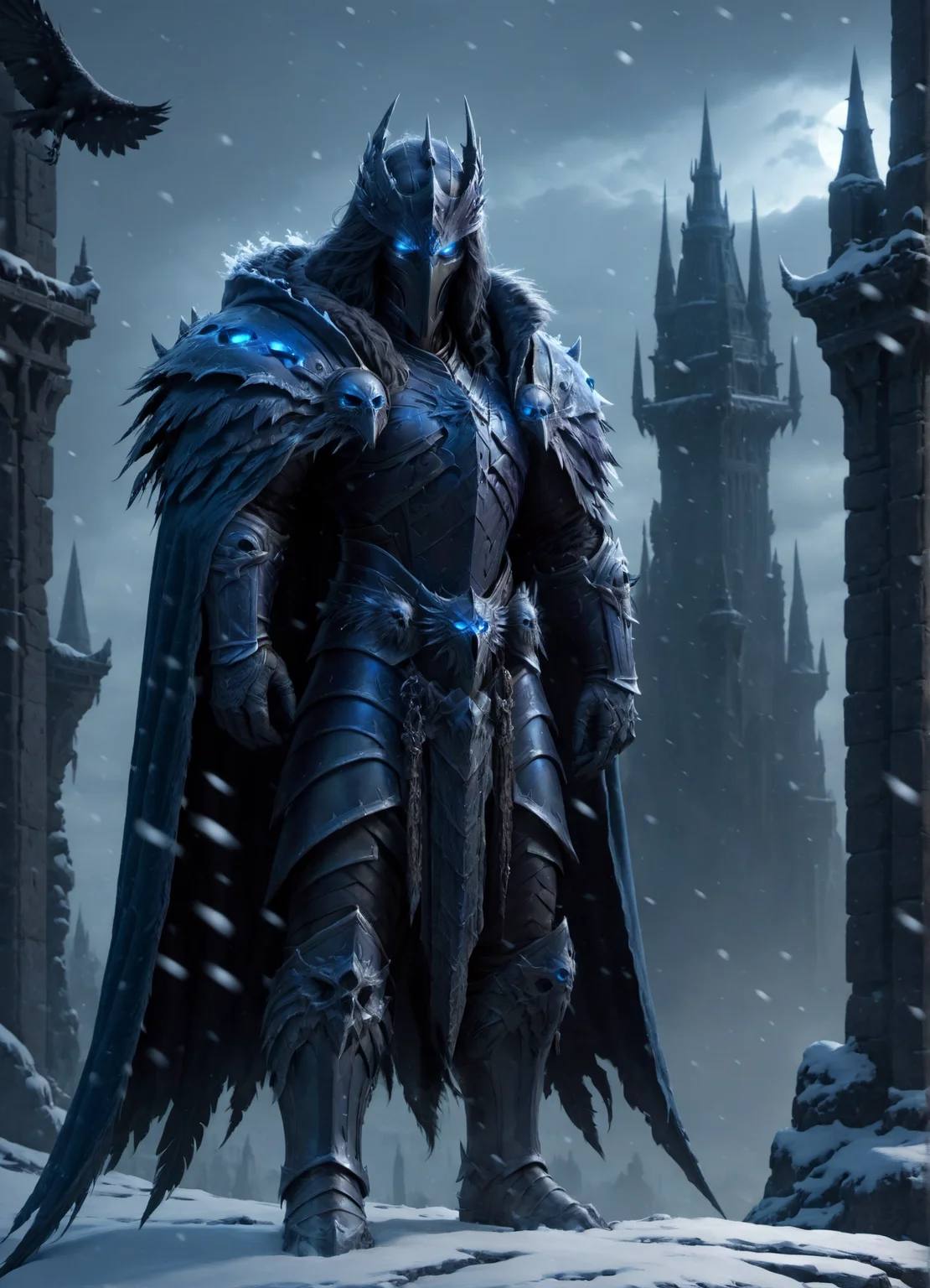 solo, upper body, looking down, detailed background, detailed face, ( 1920s art deco theme:1.1), raven-mage, dark feathers, wearing tattered armor, hood, melancholic, dark folded feathered wings, sitting, raven-themed runes, shimmering magical aura, flocks of ravens flying in background, dark tower in background, low light, volumetric lighting, stormclouds gathering, eerie atmosphere,,A dark, foreboding castle where a wicked queen reigns(hyperdetailed photography:1.3),Epic,awardwinning,masterpiece,detailed closeup (to be defined),afternoon,blue glowing eyes,world of warcraft style,raytracing,octane render,sharp focus,35nm dof,bokeh,Trending on artstation,deathknight style,<lora:add-detail-xl:1>,deathknight style,snowing,<lora:deathknightsyleXL_v1-step00000400:0.8>