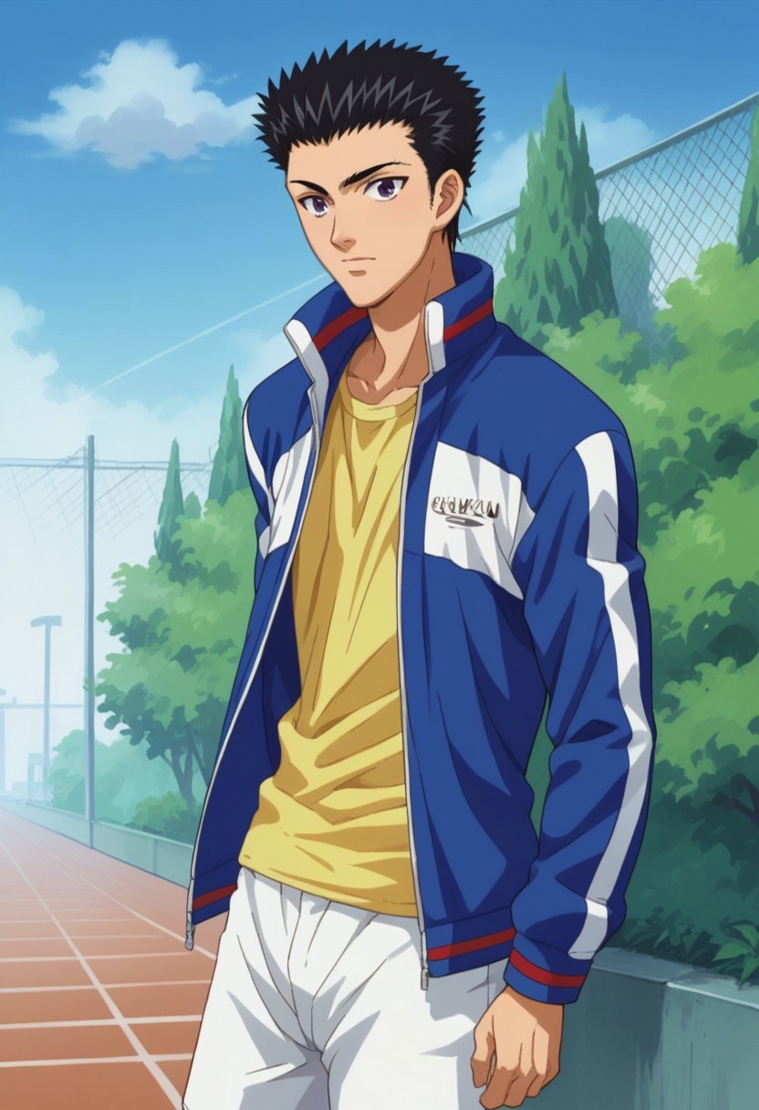 score_9, score_8_up, score_7_up, source_anime, highly detailed, 

takeshi, 1boy, male focus, solo, black hair, short hair, spiked hair, purple eyes, sportwear, shirt, yellow shirt, jacket, track jacket, open jacket, open clothes, shorts, white shorts,

outdoor,