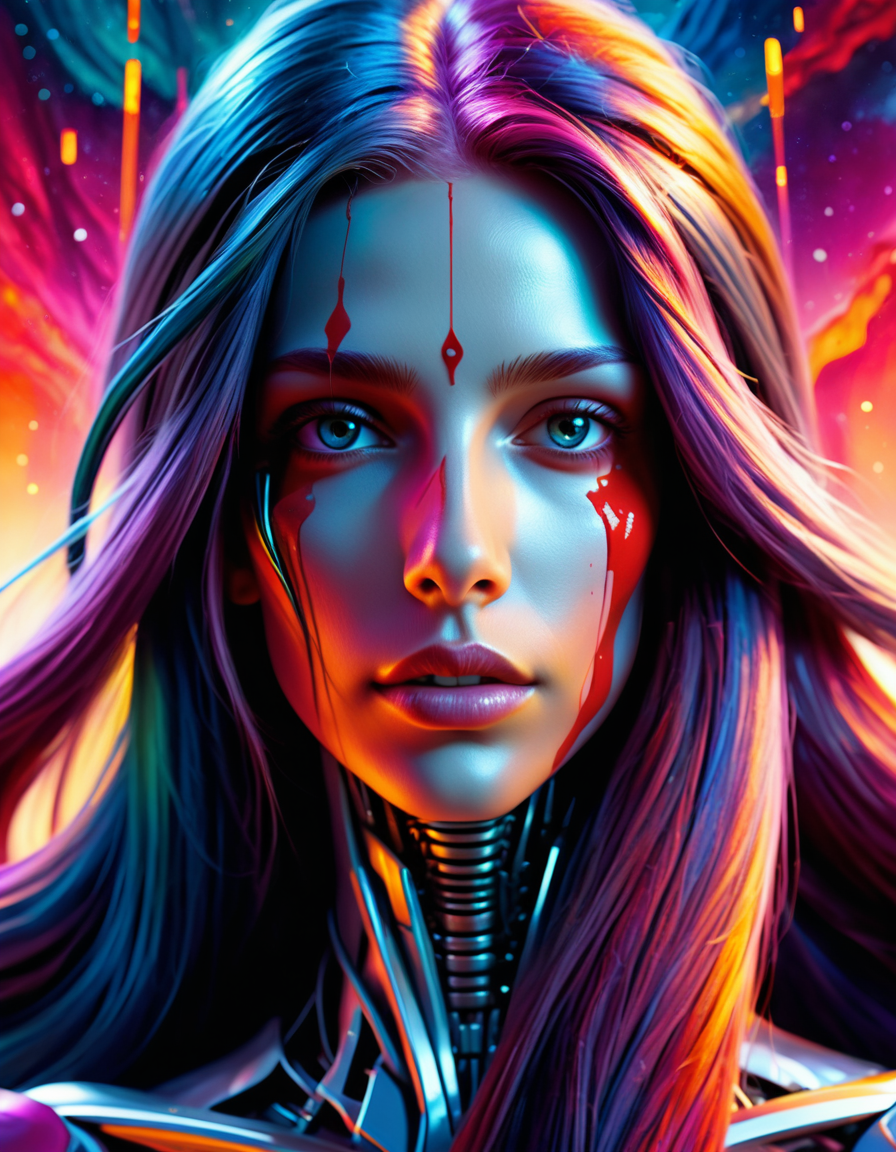 Closeup Portrait, An Abstract surreal n Abstract surreal colorful simple painted newage cyborg spacegirl with long vibrant hair throughout the frame, Blood fountain in Outer space <lora:ral-chrosc-clr:1> ral-chrosc-clr