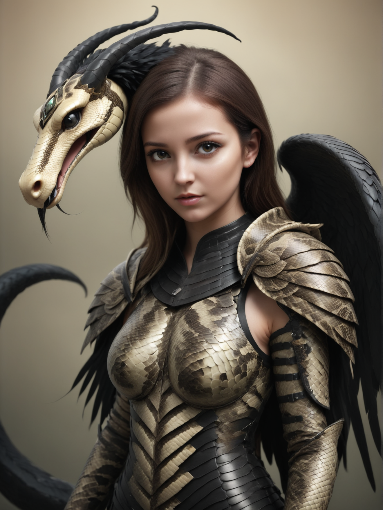 1girl, armor, weapon, wings, solo, shoulder armor, portrait of a woman, covered by black feathers, giant black wings, black feathers, giant long slick big horns, straight giant horns, black horns, very stick, gradient black-white horns, <lora:Serpent_World_SDXL:1> snake