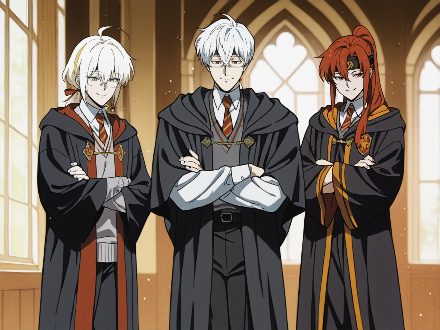 3boys ahoge black_headband black_pants black_robe blonde_hair blurry blurry_background closed_mouth collared_shirt crossed_arms crossed_bangs day diagonal-striped_clothes diagonal-striped_necktie facing_away from_behind glasses green_eyes grey_sweater_vest gryffindor hair_between_eyes hair_over_shoulder hair_ribbon hand_up headband high_ponytail hogwarts_school_uniform hood hood_down hooded_robe hufflepuff indoors light_particles long_sleeves low_ponytail male_focus multicolored_hair multiple_boys necktie open_mouth outdoors pants photo_background ponytail purple_eyes red_eyes red_hair red_necktie red_ribbon ribbon robe school_uniform semi-rimless_eyewear shirt sidelocks sleeves_rolled_up smile standing streaked_hair striped_clothes striped_necktie sweater_vest under-rim_eyewear walking white_hair white_shirt wide_sleeves window wing_collar yellow_necktie,
, animation artstyle, <lora:ScrollDIL:0.8>, masterpiece, best quality, amazing quality, flat colors
