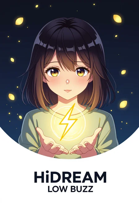 A high quality anime illustration of a girl with a glowing yellow lighning bolt symbol floating above her palm. The background is dark, with floating golden particles. The text "HiDream Low Buzz" is superimposed on the bottom of the image.
