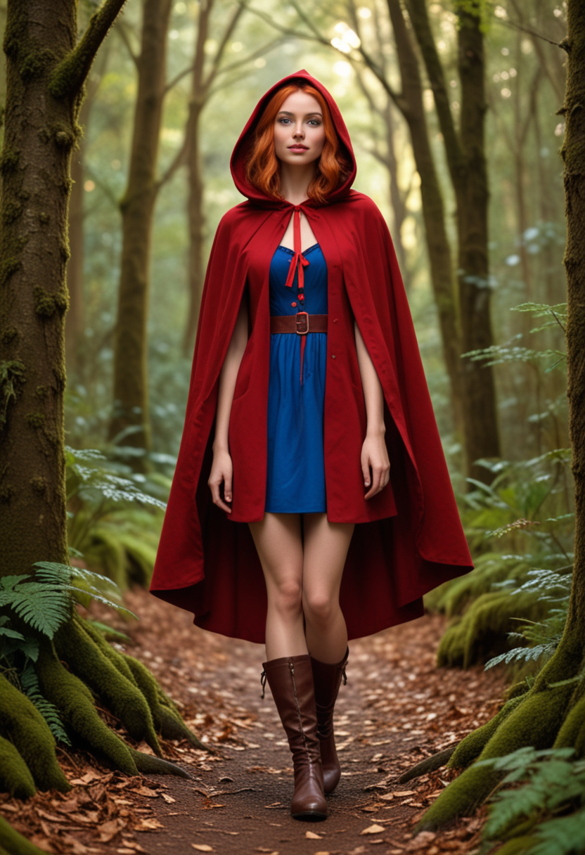 (medium full shot) of (sweet red riding hood) young woman, brazilian, tan skin, blue eyes, Medium build, long ginger french twist hair, wearing a burgundy hooded cape, short red dress , buttoned boots, black eyeshadow, red ribbon, set in  a dense forest, with towering trees, dappled sunlight, soft moss underfoot, chirping birds, and rustling leaves, at night, woman smiling, Masterpiece,best quality, photo, realistic, very aesthetic, detailed face,