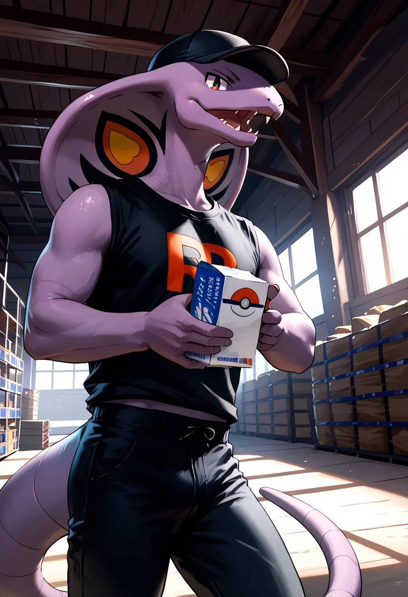 score_9, score_8_up, score_7_up, score_6_up, score_5_up, (dutch angle), (solo, male_focus), (arbok, snake, pokemon, anthro, wearing rocket shirt, black pants, black cap with red R), (holding a big carton box, dynamic pose), (warehouse, indoor), (extremely detailed background, detailed landscape), (extremely detailed, masterpiece, high quality)