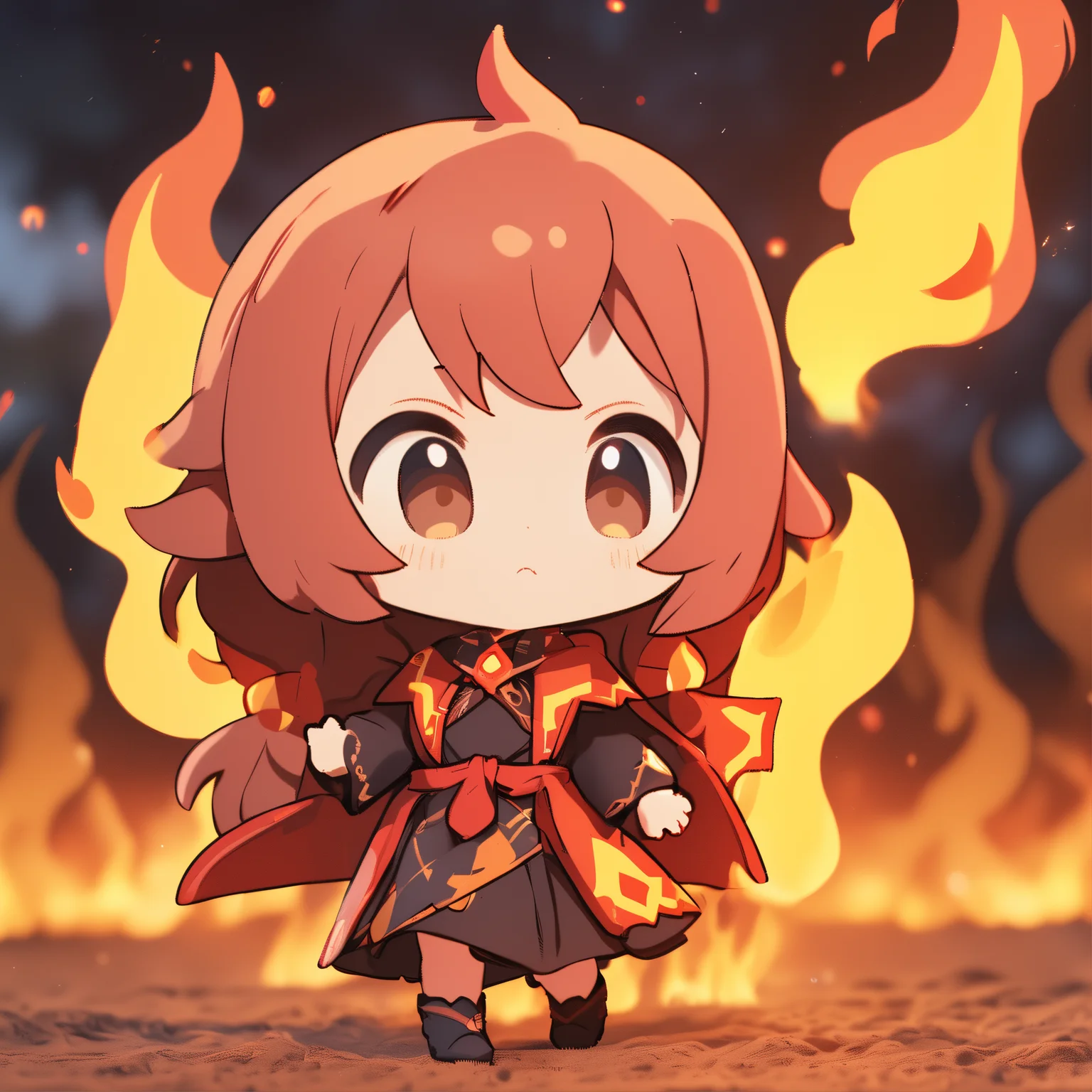 1girl, chibi, mage, fire, fire ball, scenery, standing, depth of field, cute, full body, 8k, high resolution, burry background, lighting