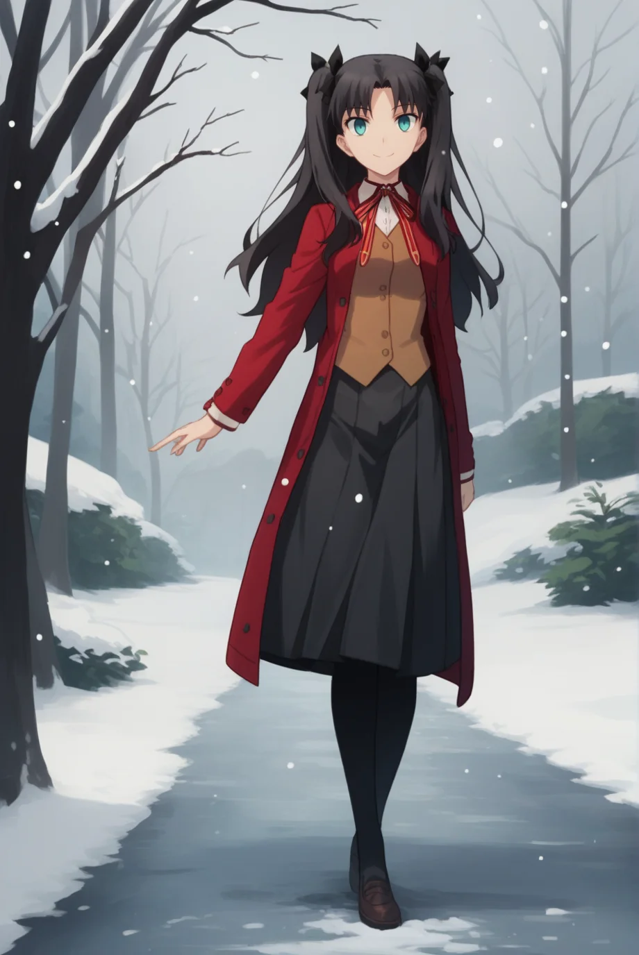 score_9, score_8_up, score_7_up, score_6_up, score_5_up, score_4_up, BREAK source_anime, 1girl,
<lora:TohsakaRinXL-v1-04:0.7>, ChopioTohsakaRin, black hair, long hair, two side up, parted bangs, hair ribbon, aqua eyes, looking at viewer,
(thick thighs:0.7), medium breasts,
outfit_1, red coat, buttons, collared shirt, neck ribbon, brown vest, black skirt, long skirt, pleated skirt, black pantyhose,
outdoors, snowing, snow, smile,