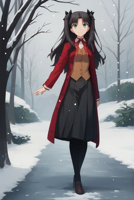 score_9, score_8_up, score_7_up, score_6_up, score_5_up, score_4_up, BREAK source_anime, 1girl,
<lora:TohsakaRinXL-v1-04:0.7>, ChopioTohsakaRin, black hair, long hair, two side up, parted bangs, hair ribbon, aqua eyes, looking at viewer,
(thick thighs:0.7), medium breasts,
outfit_1, red coat, buttons, collared shirt, neck ribbon, brown vest, black skirt, long skirt, pleated skirt, black pantyhose,
outdoors, snowing, snow, smile,
