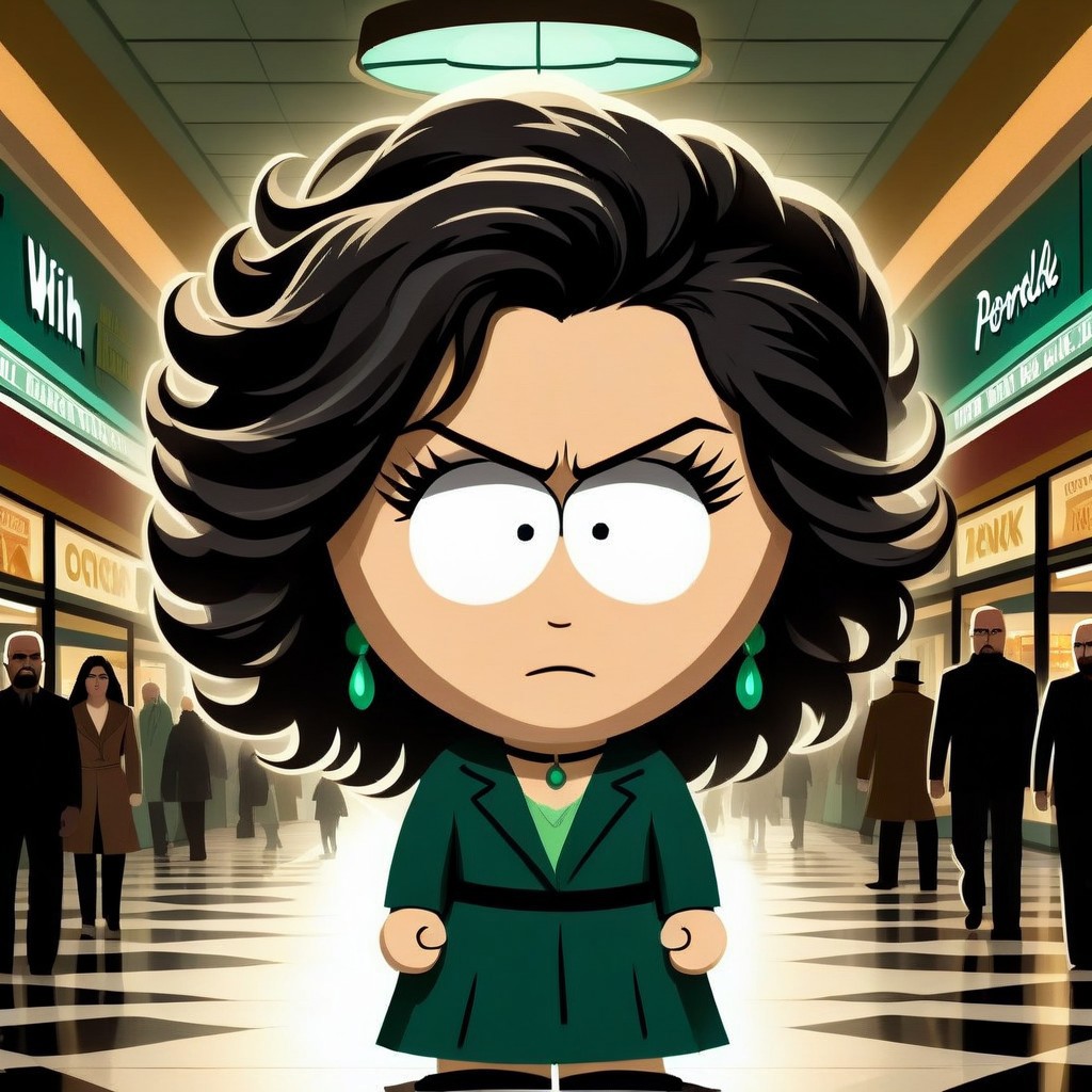 negative space, establishing shot, 
cinematic concept art of  
wind, breaking bad style, face of Marie Schrader, dark hair, fair complexion, slim, elegant
SouthParkRay
framing device, rule of third, detailed. 
backdrop is a middle of a busy mall.
South Park