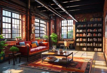 anime-style, an industrial-style interior with red brick walls and large windows, a  study, Sofa, coffee table, bookcase, single wall, 
warm light morning sun, the view of the city