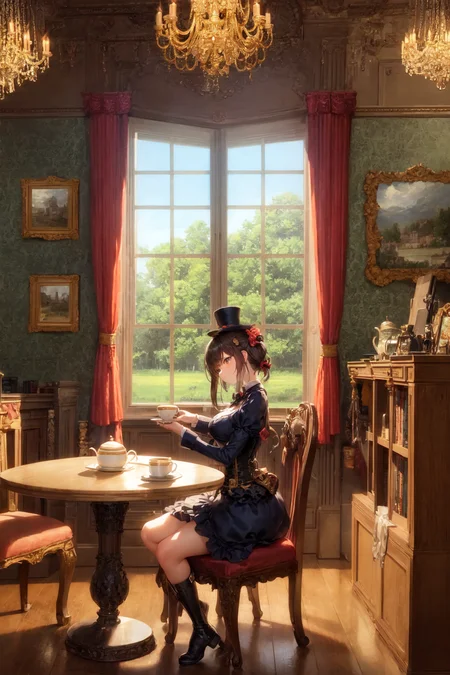 masterpiece, best quality, ultra-detailed, illustration, 1girl, solo, indoors, daytime, steampunk, clock, cafe, brown hair, top hat, goggles, corset, long skirt, boots, pocket watch, vintage, antique, brass, metal, gears, machinery, clockwork, clock tower, ornate, elegant, classic, sophisticated, refined, poised, contemplative, thoughtful, curious, mysterious, enigmatic, watchful, intelligent, bookish, coffee, cake, pastry, teapot, cup, saucer, table, chair, wallpaper, chandelier, window, sunlight, shadow, contrast, perspective, depth, texture, detail, realism, impressionistic, expressionistic, abstract, surrealistic, innovative, experimental, unique, atmosphere, ambiance, mood, nostalgia, historical, cultural, technological, industrial, fantasy, imagination, creativity, artistry, craftsmanship, skill, precision, detail, composition, balance, harmony, rhythm, color, light, shadow, reflection, refraction, tone, contrast, foreground, middle ground, background, vanishing point, horizon line, focal point, naturalistic, figurative, representational.