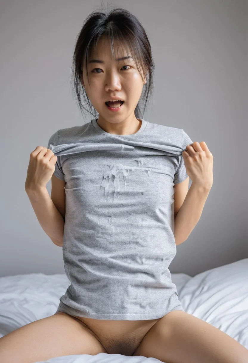 cumonclothes, woman, asian, cum on t-shirt, RAW photo, 8k uhd, dslr, soft lighting, film grain, Fujifilm XT3, amateur photo, in a bedroom, grey t-shirt, ,