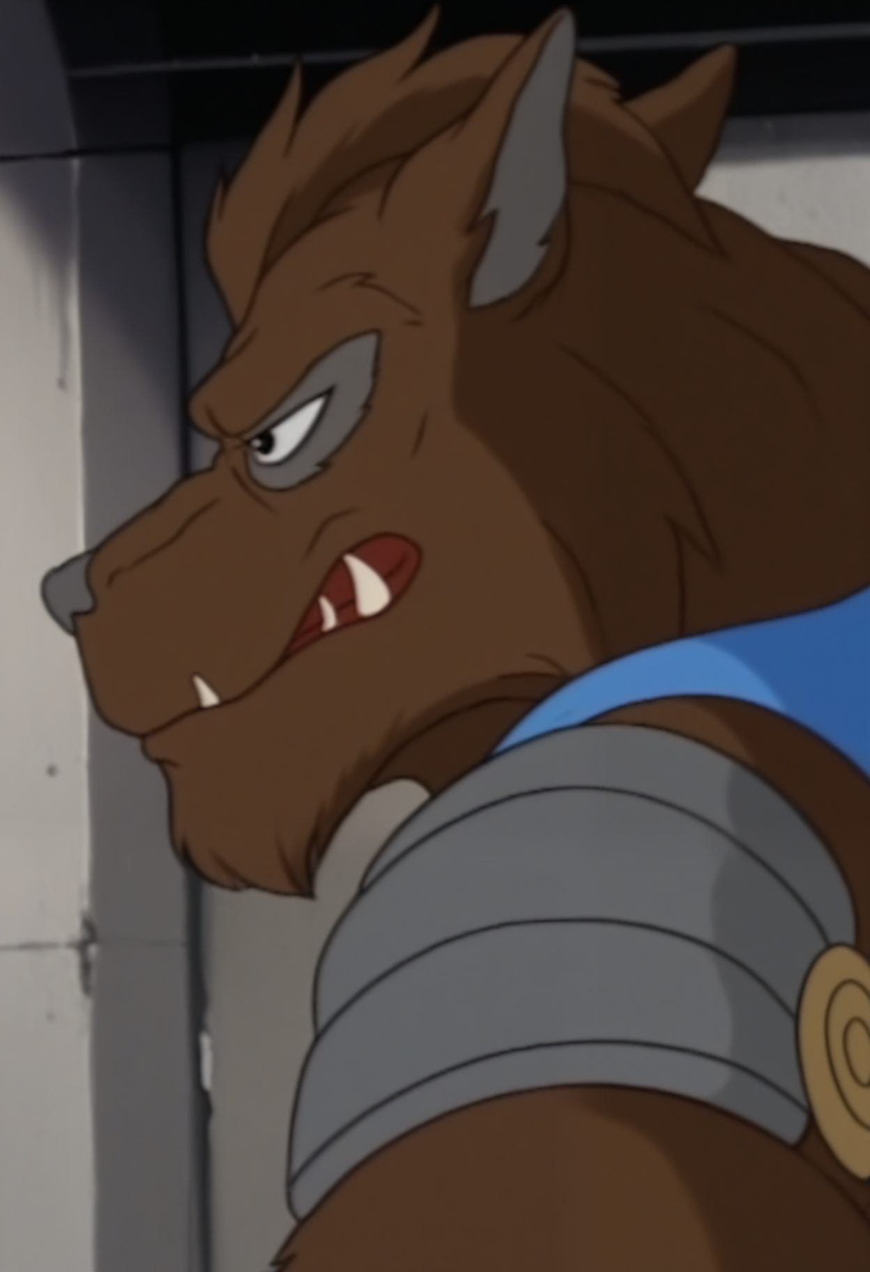 masterpiece,best quality,amazing quality, 1boy, solo, r4hz4r, werewolf, brown fur, black eyes, shoulder armor, torn blue cape, close up, side angle, outdoors, smug,