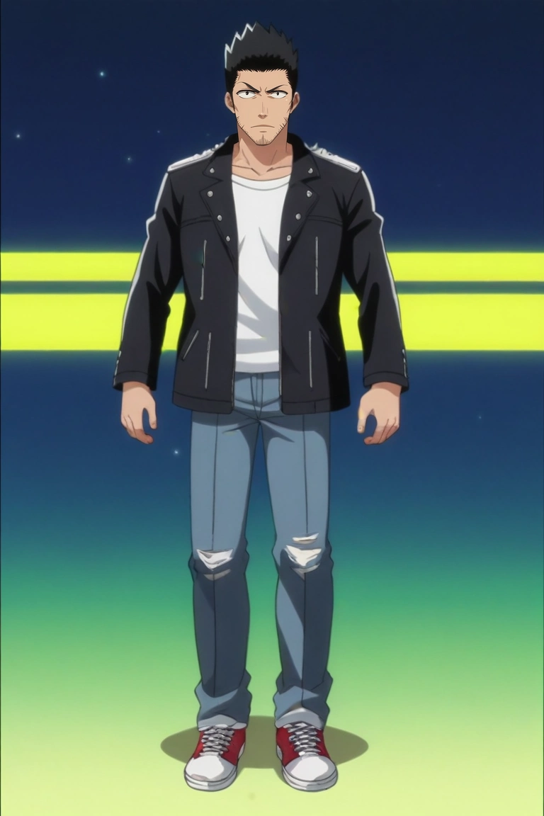 score_9, score_8_up, score_7_up, source_anime, rating_safe, , anime screencap, anime coloring, official style, looking at viewer, 1boy, solo, male focus, <lora:isshin_kurosaki_pony:0.96>, isshin_kurosaki, black hair, black eyes, short hair, spiked hair, facial hair, stubble, beard, urban art studio, scattered canvases, glowing windows, vibrant paints, painting pose, inspired expression, afternoon warmth, LavenderGray Jeans, Leather jacket, Canvas sneakers, ,, <lora:sdxl_lightning_8step_lora:1>