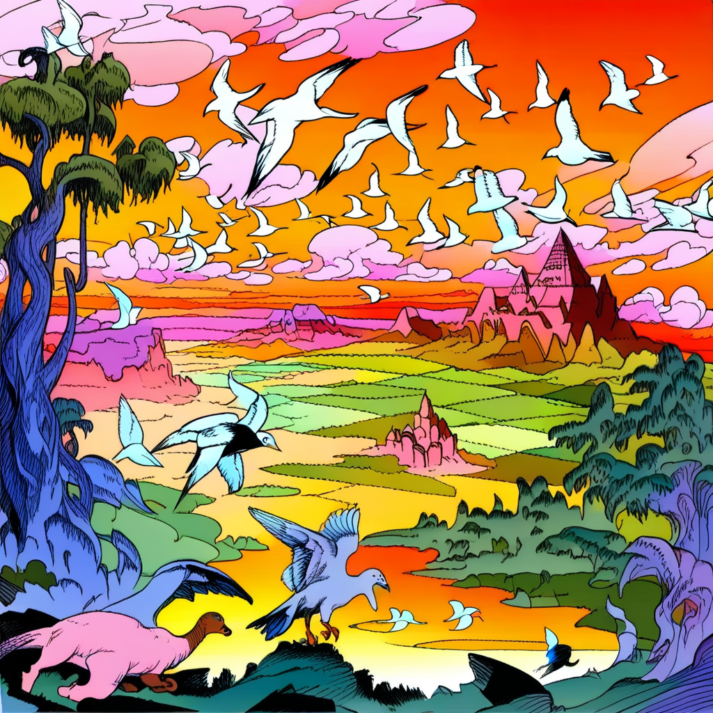 Fantastical landscape, with all sorts of animals, clouds in the sky, hills, trees, birds, sunset