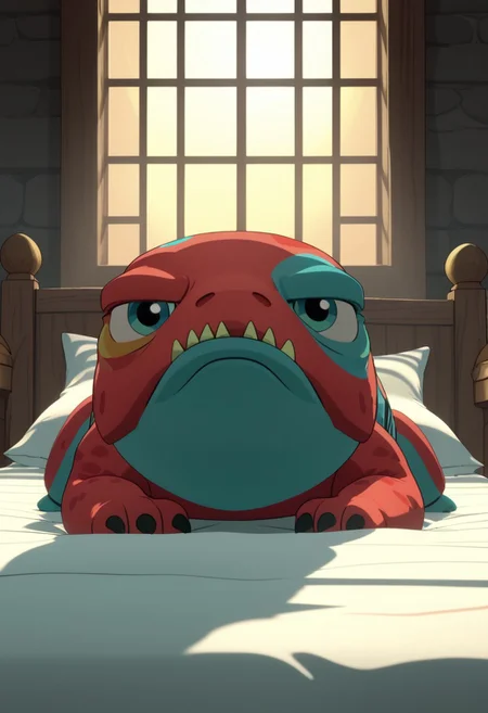 Score_9, Score_8, Score_7, TDPStyle, Bait, red and Aqua Skin, sitting on a bed,, with sunlight filtering through the windows,