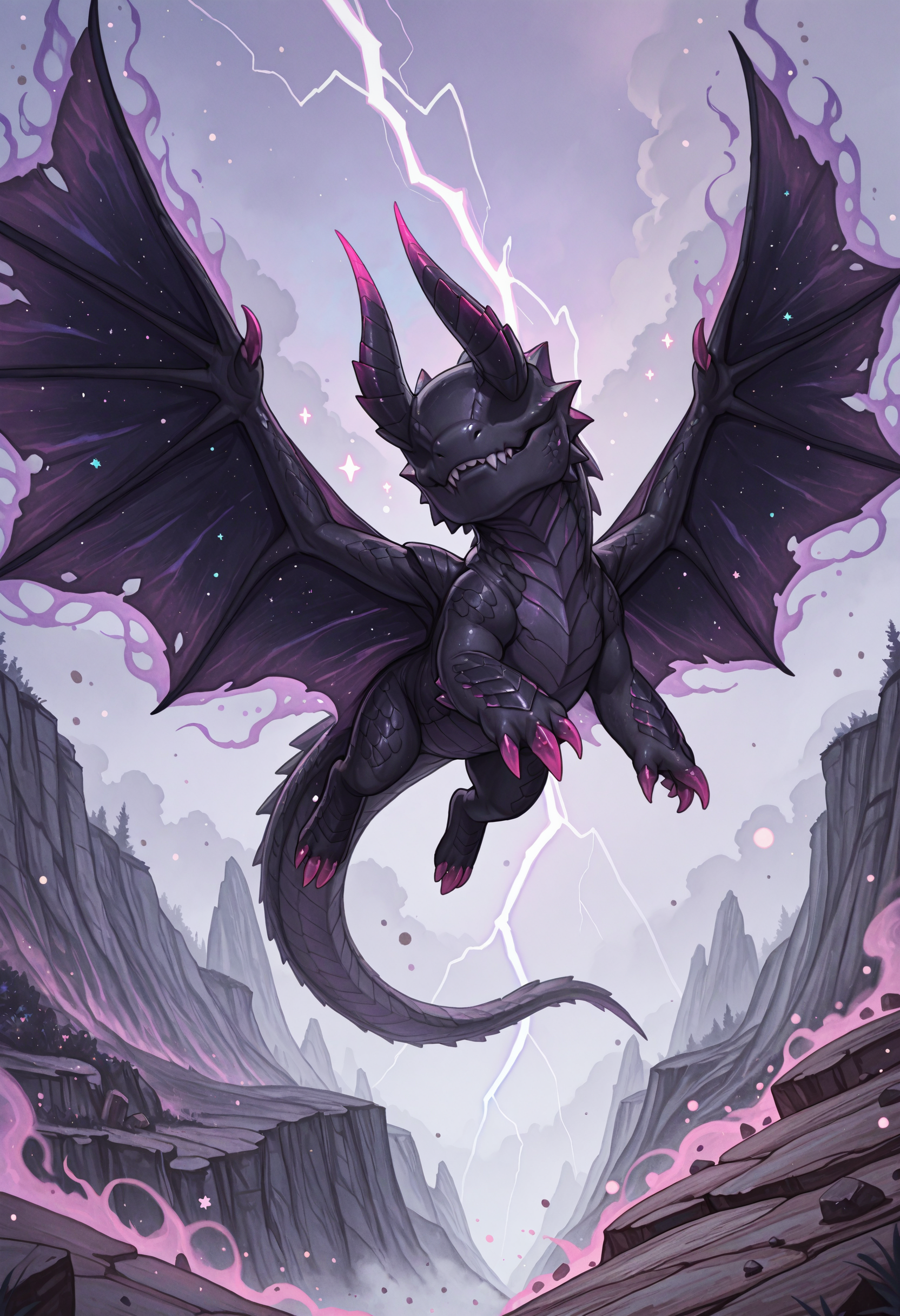 (incredibly_absurdres, amazing_background, best quality, pastel_colors, bright_colors, colorful, soft_colors, sparkle, shiny, glowing, fantasy, star_(symbol), detailed_background, detailed_eyes, stylized, watercolor_(medium)) 
(snra-illu, (chibi), scalie, lightning, glowing, outdoors, dust_cloud, fog, cliffs, debris, wind_lift, swirling, (dark_aura:1.2), (magic, magic_user:1.2), black_body, close-up, flying, iridescent_scales, (two_tone_scales:1.2), gore_magala, claws, teeth, tail, horns, no humans, solo, wings, no eyes)