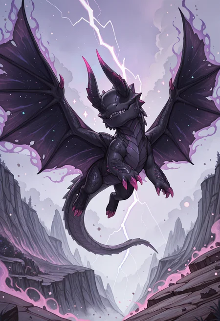 (incredibly_absurdres, amazing_background, best quality, pastel_colors, bright_colors, colorful, soft_colors, sparkle, shiny, glowing, fantasy, star_(symbol), detailed_background, detailed_eyes, stylized, watercolor_(medium))
(snra-illu, (chibi), scalie, lightning, glowing, outdoors, dust_cloud, fog, cliffs, debris, wind_lift, swirling, (dark_aura:1.2), (magic, magic_user:1.2), black_body, close-up, flying, iridescent_scales, (two_tone_scales:1.2), gore_magala, claws, teeth, tail, horns, no humans, solo, wings, no eyes)
