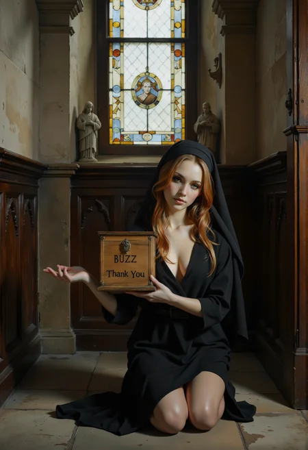 realistic photography,perfect lighting, portrait, detailed clothes.
An outstanding photography of a cute nun, she kneels and wears a nun outfit with plunging neckline, she is holding out an alms box to the viewer, (the alms box has the words "BUZZ Thank You",  engraved on it), ginger hair, green eyes, pale face,gorgeous body, looking at viewer with hope and a little mischievous smile.
The atmosphere is somber yet punctuated by shafts of god rays, with dust particles. Gothic church scenery with stone materials, statues, wood, stained glass windows.Cowboy shot