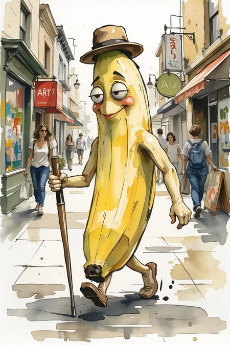 Wcol style. Sketch painting of an anthropomorphic banana strolling down a lively street, using a paintbrush as a makeshift walking stick. The banana has a cheerful, slightly quirky expression, with cartoonish eyes, a big smile, and a tiny hat tilted on top. Its peel is slightly open at the top, resembling a jaunty collar.
As it walks, the banana's "legs"--bendy and slightly wobbly--add a comical bounce to its step. The paintbrush, gripped like a cane, has a few spots of colorful paint, hinting that this banana might be an artist. The background shows a colorful, bustling street scene with murals, quirky storefronts, and people glancing in surprise at the walking, art-loving banana. <lora:schnell_v1.0:1.0> <lora:Eldritch_Paint_Sketch_for_Flux_1.0.5:0.3> <lora:FLUXWatercolorV3:0.8><lora:791640061520199552:0>