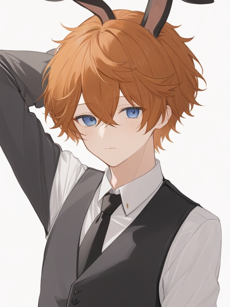 <lora:å¬å­:1>ï¼1boy, male_focus, blue_eyes, solo, bangs, orange_hair, simple_background, animal_ears, black_necktie, white_background, black_vest, necktie, shirt, hair_between_eyes, vest, upper_body, rabbit_ears, white_shirt, closed_mouth, alternate_costume, fake_animal_ears, short_hair, arm_up, collared_shirt
