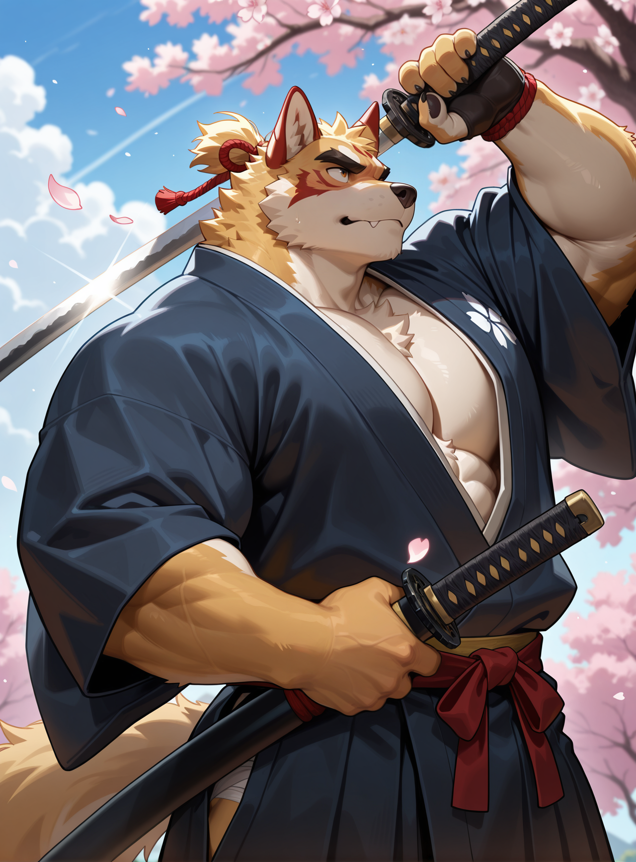 best quality,newest,masterpiece,absurdres,highres,safe,male furry,bara,Muscles,perfect anatomy,smooth,huge  biceps,sexy,handsome,solo,Japanese clothes,(kimono),
Ronin,samurai,Chodachi,cherry blossoms,(long sword),Iai slash,firm eyes,falling cherry blossoms,flying cherry blossom petals,loot at you,Ronin clothes,attack stance,5finger,claw,blade,Golden fur,straight sword,tan fur,scabbard,draw sword,