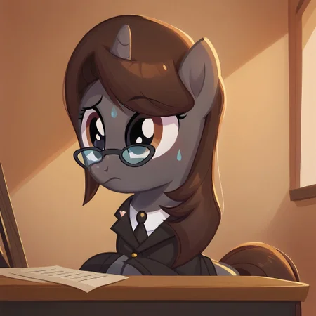 masterpiece, perfect detail, best high quality, source_pony, show accurate, cute, 1girl, solo, female, oc:sonata, glasses, attorney suit, badge on collar, pony, courtroom, defense stand, standing, standing behind desk, front hooves on desk, standing against desk, frown, scenic painting in background, closed mouth, nervous, sweating, beautiful, looking to side, score_9, score_8_up, score_7_up, score_6_up, score_5_up, score_4_up