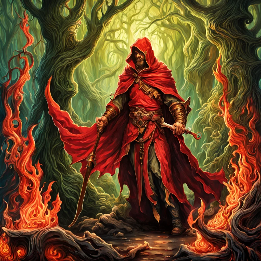 masterpiece, best quality, angry goblin warrior in the forest with arms crossed wearing tethered dirty appeal and red cloak by dnmumfrd <lora:dan_mumford_v09:1.2>, Crystal Caverns . Majestic underground city carved from stunning natural crystal formations, translucent spires, glittering architecture, Heroic Realist sculpture . Figures with idealized musculature posing dynamically, celebrating ideals of mass utopian culture, Kinetic sculpture . Moving parts, plays of light, floating shapes, real motion that transforms itself, horror-themed . eerie, unsettling, dark, spooky, suspenseful, grim, highly detailed, tilt-shift photo of . Selective focus, miniature effect, blurred background, highly detailed, vibrant, perspective control, Art nouveau style . Ornate organic pattern, floral motifs, curving lines, elegant decoration, gold accents